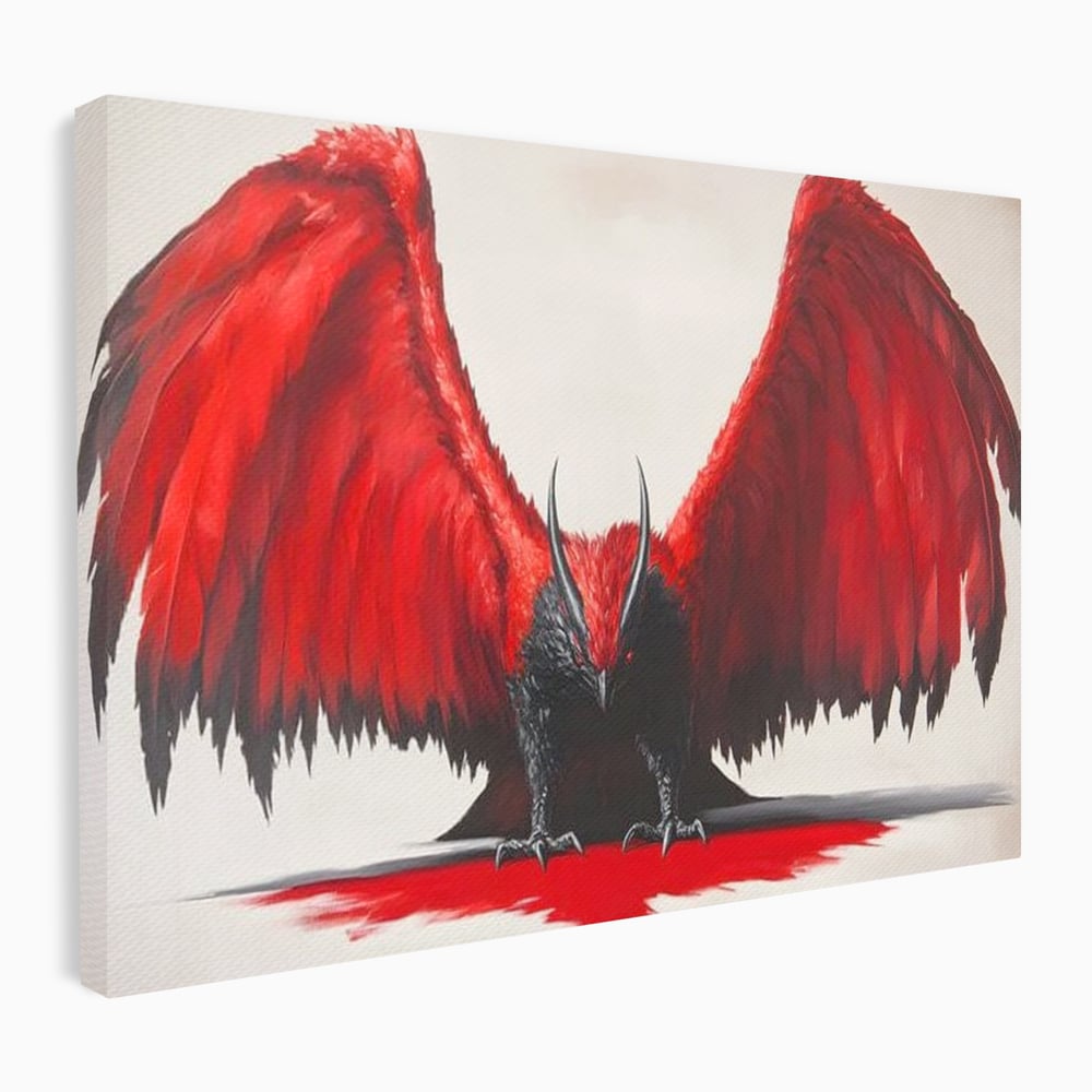 Tablou canvas cu tablou canvas cu pasare fantastica rosu cu negru, fara rama, pe sasiu de lemn